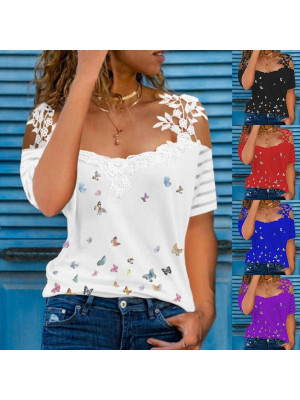 Ladies Summer Short Sleeve T Shirt Causal Tops Womens Printed Lace Blouse Tees