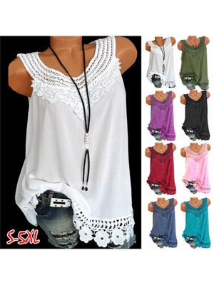 Ladies Lace Floral Casual Tops Women Sleeveless Solid Blouse Shirt Crew Neck Tee