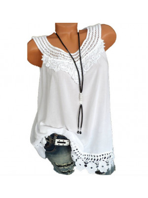 Ladies Lace Floral Casual Tops Women Sleeveless Solid Blouse Shirt Crew Neck Tee