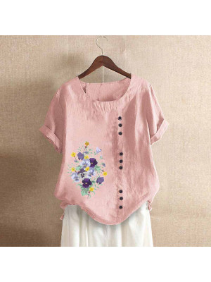 Ladies Floral Short Sleeve Tops Womens Cotton Linen Baggy Crew Neck Pullover Tee