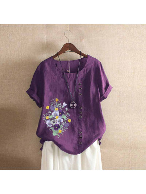 Ladies Floral Short Sleeve Tops Womens Cotton Linen Baggy Crew Neck Pullover Tee