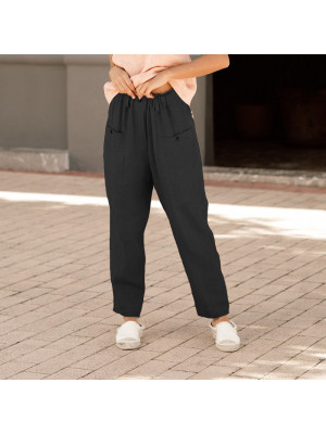 Plus Size Ladies Solid Cotton Linen Pants Women Elastic Waist Button Trousers
