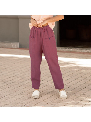 Plus Size Ladies Solid Cotton Linen Pants Women Elastic Waist Button Trousers