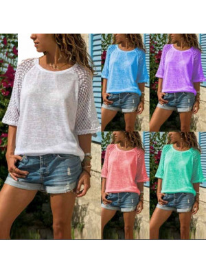 Ladies Lace Half Sleeve Casual Tops Womens Baggy Pullover Solid Blouse Shirt