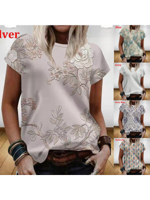 Ladies Short Sleeve Summer Tops Womens Floral Casual Round Neck Pullover Tees