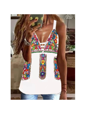 Plus Size Ladies Strappy Floral Loose Tops Womens Boho Sexy Tank Vest V Neck Tee