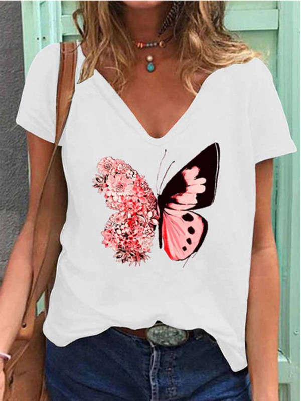 Ladies Short Sleeve Casual Tops Women Pullover Crew Neck Loose Floral Tee Shirt