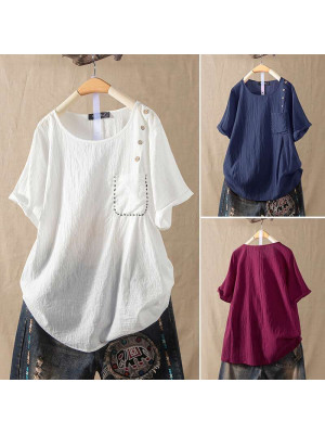 Ladies Short Sleeve Crew Neck Solid Button Pocket Tops Women Casual Blouse Shirt