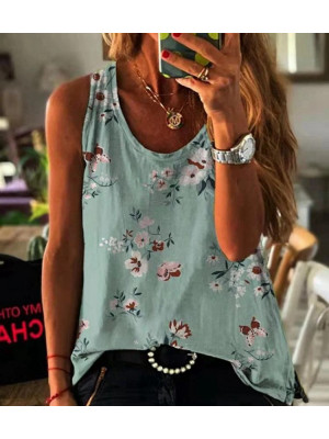 Ladies Casual Sleeveless Tops Women Crew Neck Floral Blouse Shirt Baggy Tees