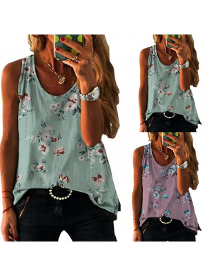 Ladies Casual Sleeveless Tops Women Crew Neck Floral Blouse Shirt Baggy Tees