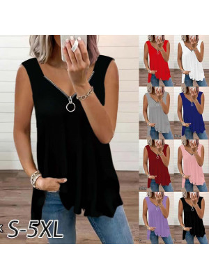 Laides Sleeveless Baggy Zip Tops Womens Summer Solid V Neck Pullover Casual Tees