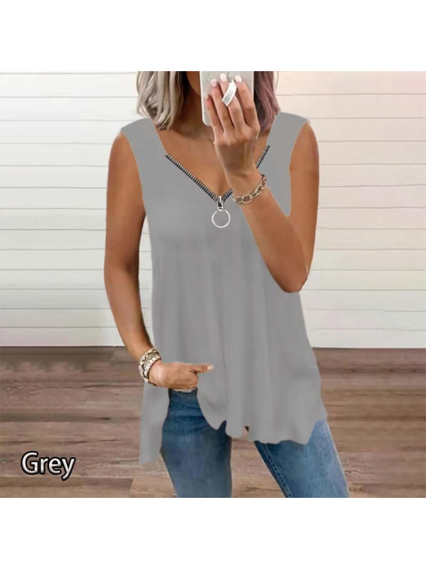Laides Sleeveless Baggy Zip Tops Womens Summer Solid V Neck Pullover Casual Tees