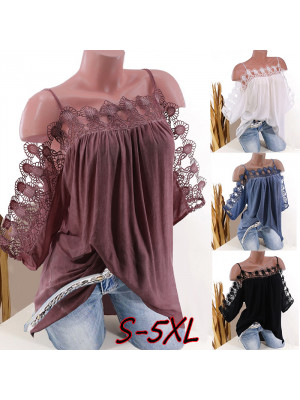 Ladies Half SLeeve Solid Sexy Blouse Shirt Women Lace Pullover Tops Summer Tees