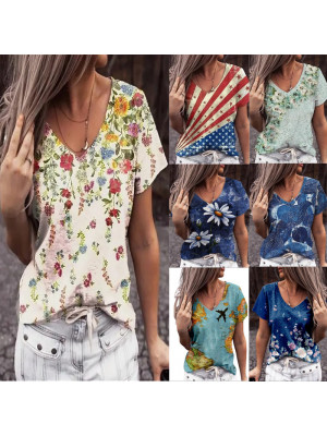 Ladies Short Sleeve Casual Tops Women V Neck Floral Summer Pullover Tee Shirt