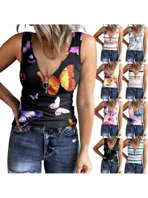 Ladies Floral Sleeveless Vest Women V Neck Zipper Summer Tank Top Pullover Shirt