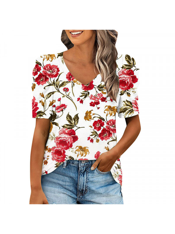 Ladies Floral Puff Short Sleeve Tops Women V Neck Summer Casual Blouse Shirt