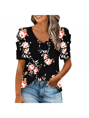 Ladies Floral Puff Short Sleeve Tops Women V Neck Summer Casual Blouse Shirt