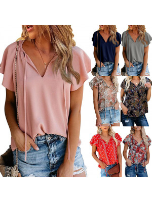 Ladies Short Sleeve V Neck Ruffles Top Women Floral Casual Pullover Blouse Shirt