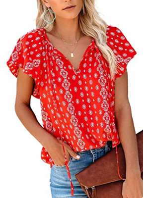 Ladies Short Sleeve V Neck Ruffles Top Women Floral Casual Pullover Blouse Shirt