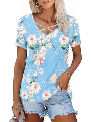 Ladies Floral Tie-dye Short Sleeve Tops Women Pullover Casual Summer Tee Shirts