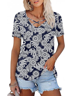 Ladies Floral Tie-dye Short Sleeve Tops Women Pullover Casual Summer Tee Shirts
