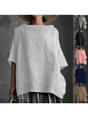 Ladies Solid Crew Neck Cotton Linen Tops Women Baggy Formal Casual Blouse Shirts