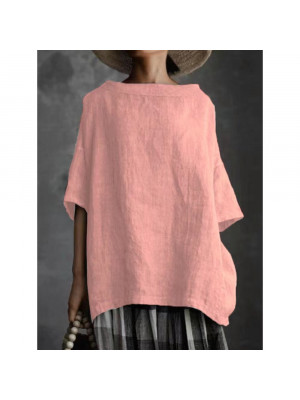 Ladies Solid Crew Neck Cotton Linen Tops Women Baggy Formal Casual Blouse Shirts