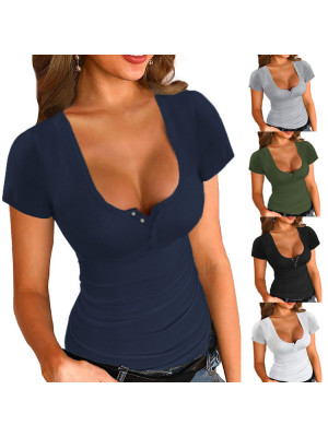 Ladies Solid Button Casual Slimming Tops Women Crew Neck Short Sleeve Tee Shirts