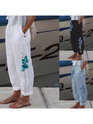 Ladies Cotton Linen Casual Long Pants Womens Solid Straight Trousers