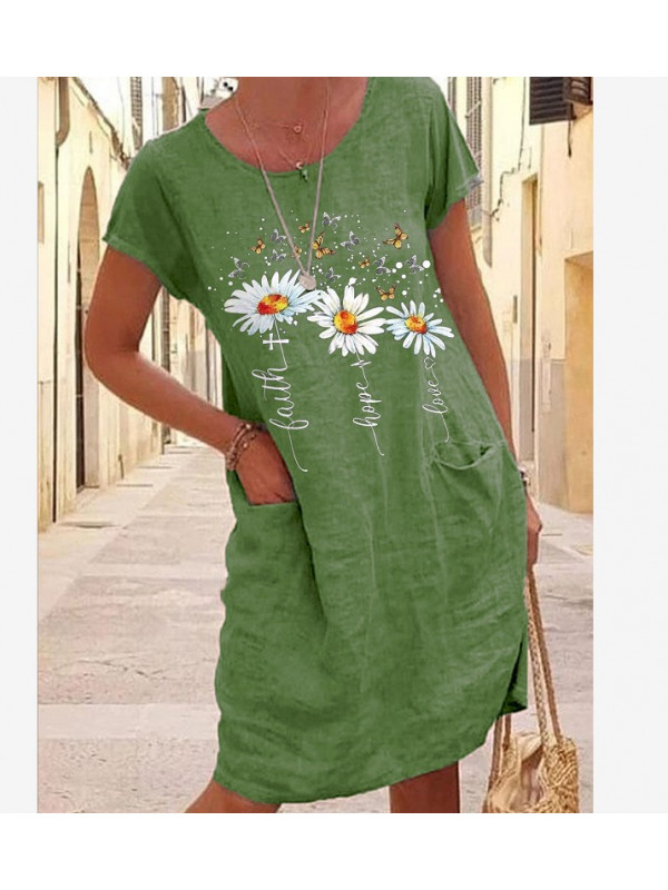 Ladies Floral Short Sleeve Summer Dress Women Baggy Pullover Pocket Sundress