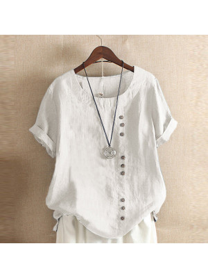 Summer Womens Cotton Linen Tunic Blouse Tops Ladies Short Sleeve Shirt Plus Size