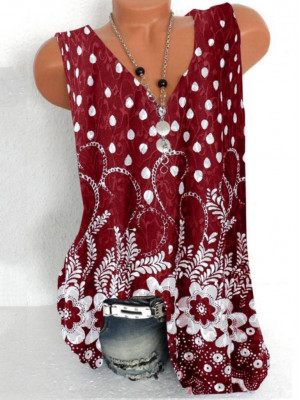 Plus Size Ladies Casual Floral Sleeveless Tops Women V Neck Baggy Blouse Shirt