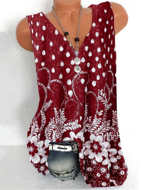 Plus Size Ladies Casual Floral Sleeveless Tops Women V Neck Baggy Blouse Shirt