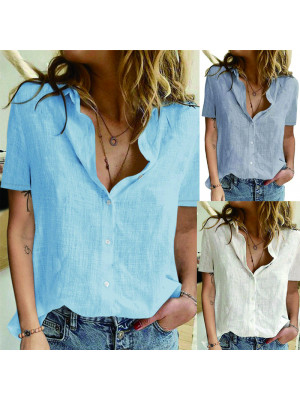 Summer Womens V-Neck Short Sleeve Cotton Tops Loose Blouse T Shirts Plus Size