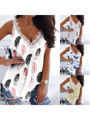 Ladies Sleeveless Floral Tank Tops Women V Neck Vest Sexy Cami Lace Blouse Shirt