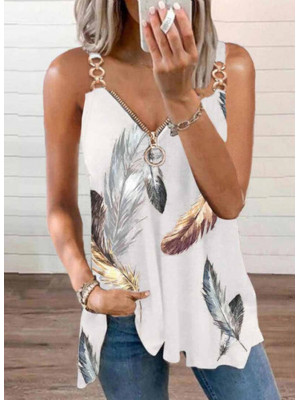 Ladies Floral Sleeveless Zip Tops Women Casual Pullover Tank Shirts Summer Tees