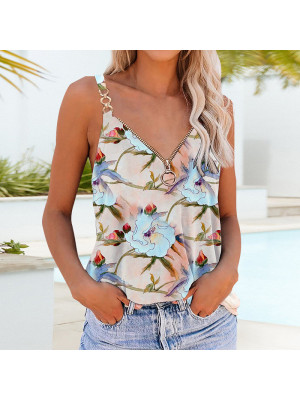 Ladies Casual Baggy Sleeveless Tops Women Sexy Summer Vest Strap V Neck Zip Tee