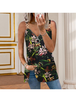 Ladies Strappy Summer Sleeveless Tops Women Floral Casual V Neck Sexy Zipper Tee