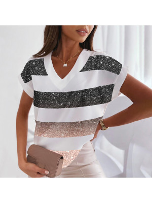 Ladies Short Sleeve Casual V Neck Tops Womens Floral Loose Pullover Tee Shirt