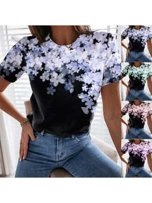 Ladies Short Sleeve Floral Summer Tee Shirt Women Casual Crew Neck Pullover Tops