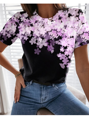 Ladies Short Sleeve Floral Summer Tee Shirt Women Casual Crew Neck Pullover Tops