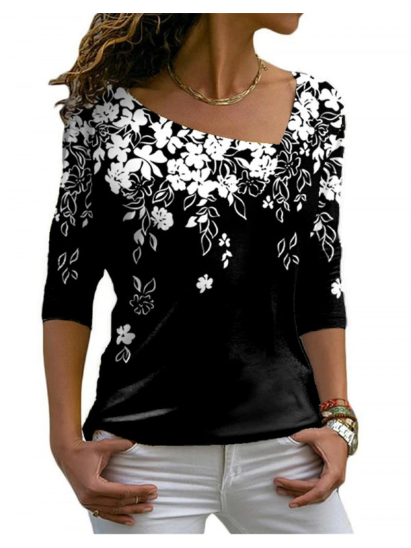 Plus Size Ladies Long Sleeve Floral Tee Women Casual Fit Crew Neck Pullover Tops