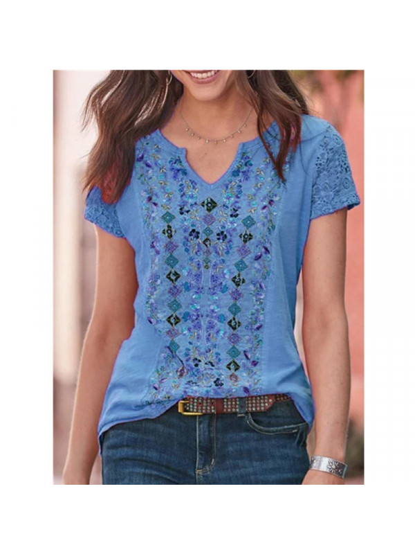 Plus Ladies Boho Casual Short Sleeve V Neck Tops Women Pullover Floral Tee Shirt