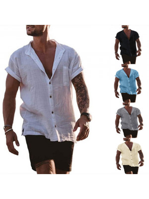Mens Linen Style Short Sleeve Solid Shirts Casual Fit Formal Top Tee Shirt