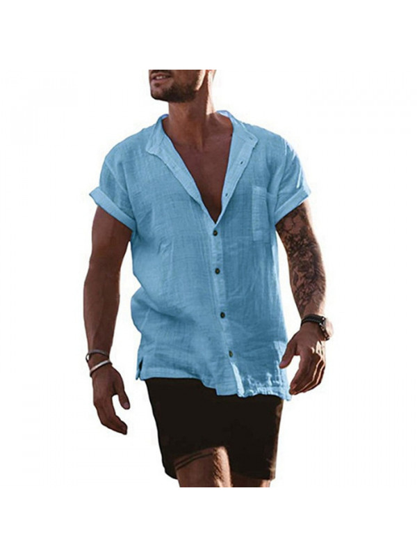 Mens Linen Style Short Sleeve Solid Shirts Casual Fit Formal Top Tee Shirt