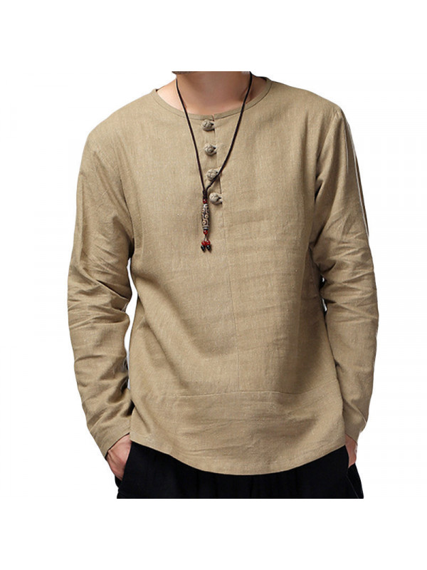 Mens Casual Long Sleeve Solid Tops Fit Pullover Tees Cotton Linen Blouse Shirt