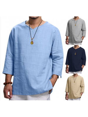 Mens Cotton Linen Long Sleeve T Shirt Henley Pullover Tops Solid Casual Tees UK