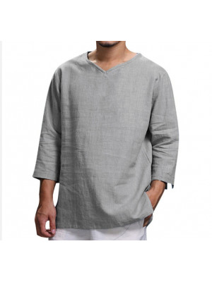 Mens Cotton Linen Long Sleeve T Shirt Henley Pullover Tops Solid Casual Tees UK