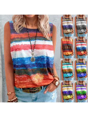Ladies Sleeveless Pullover Tops Women Crew Neck Striped Tees Casual Blouse Shirt