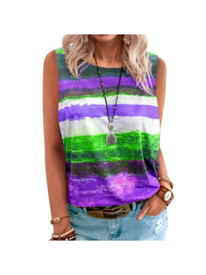 Ladies Sleeveless Pullover Tops Women Crew Neck Striped Tees Casual Blouse Shirt